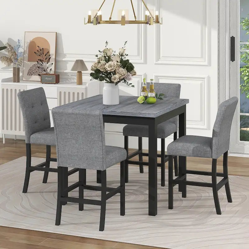 Ensemble de salle à manger hauteur comptoir 5 pièces, ensemble table à manger en bois avec table rectangulaire et 4 chaises rembourrées à dossier haut