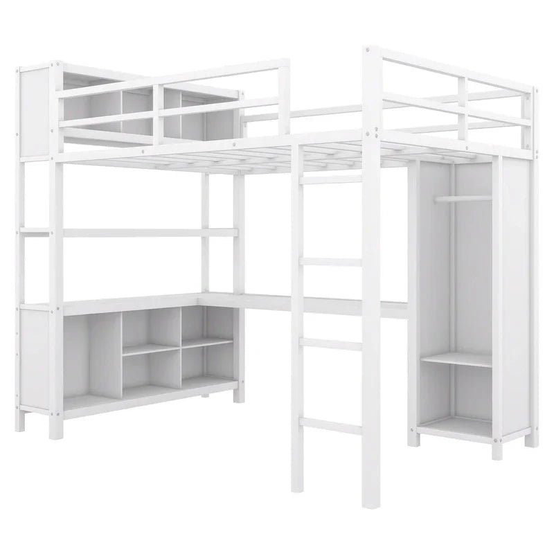 Lit mezzanine en métal blanc cassé avec bureau et armoire - Grand lit