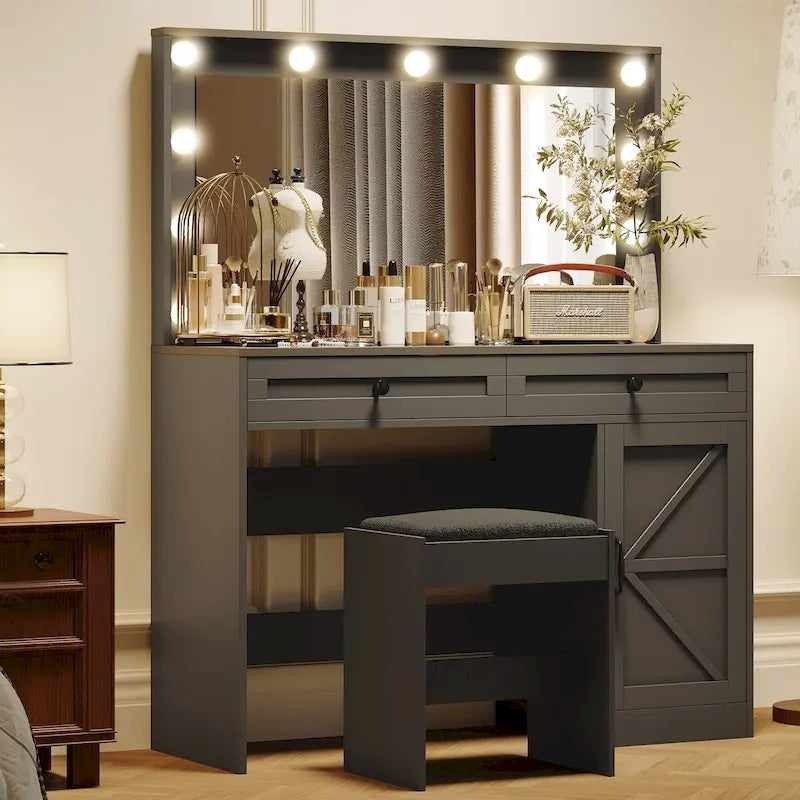 Roomfitters Coiffeuse de maquillage fermette avec éclairage, bureau coiffeuse avec porte de grange, table de maquillage 2 tiroirs avec miroir éclairé