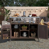 Îlot de cuisine extérieur, chariot de bar roulant et meuble de rangement, table de grillade en bois massif avec plateau en acier inoxydable, porte-épices, porte-serviettes