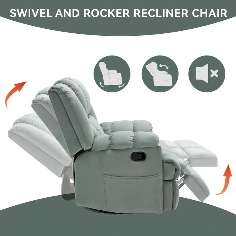 Fauteuil Inclinable Pivotant à Bascule en Tissu Lazy Boy, Grand Fauteuil Inclinable Manuel Surdimensionné avec Accoudoirs Matelassés et Dossier à Coussin