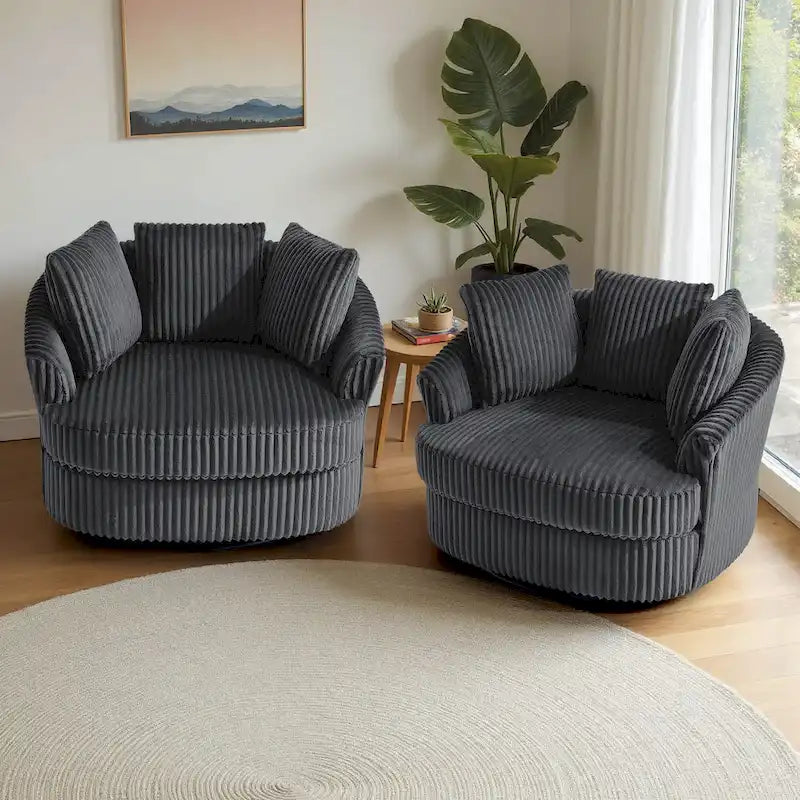 Lot de 2 fauteuils tonneau pivotants surdimensionnés 43 W en velours côtelé moelleux avec coussins