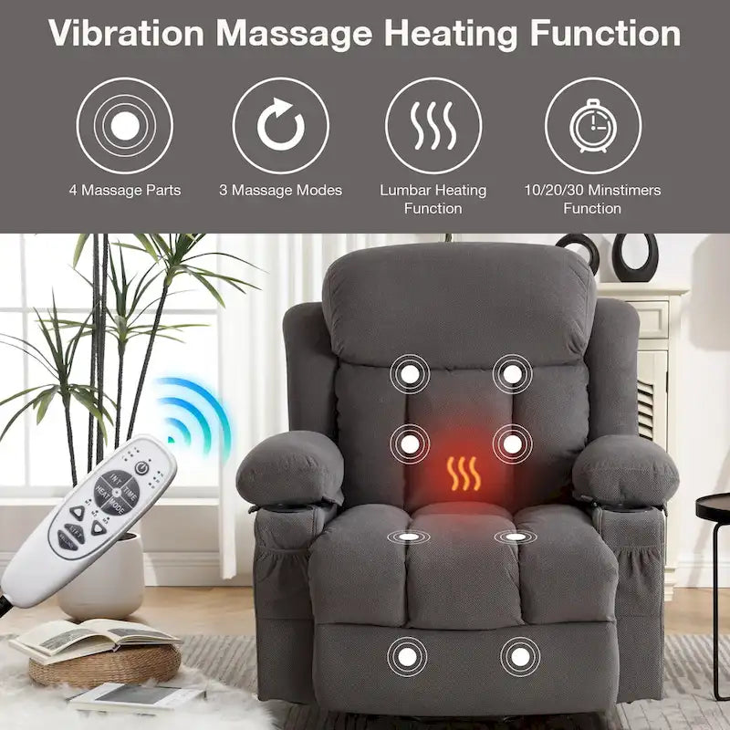 Fauteuil releveur électrique gris avec massage chauffant, charge USB, télécommande et poches latérales pratiques pour seniors