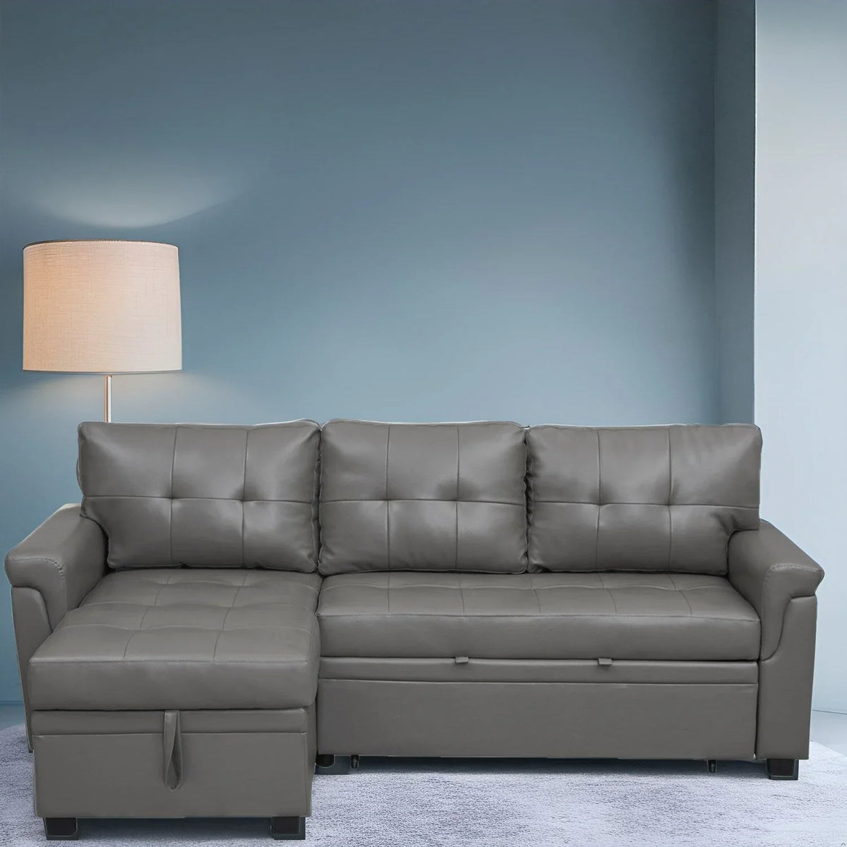 Canapé sectionnel réversible avec lit escamotable, méridienne de rangement dissimulée, pieds durables,