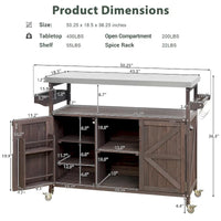 Îlot de cuisine extérieur, chariot de bar roulant et meuble de rangement, table de grillade en bois massif avec plateau en acier inoxydable, porte-épices, porte-serviettes
