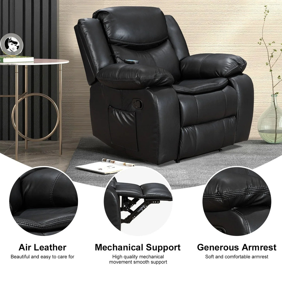 Fauteuil inclinable de massage et chaleur en cuir durable à assise large
