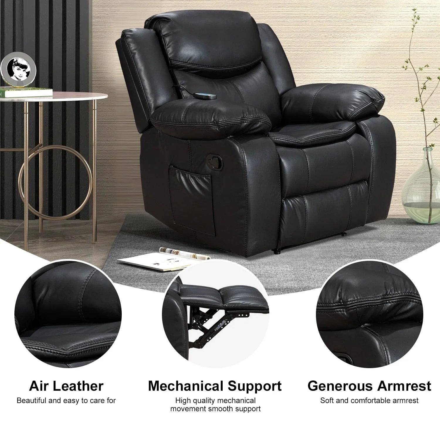 Fauteuil inclinable de massage et chaleur en cuir durable à assise large