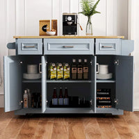 54 Grand îlot de cuisine avec plateau rabattable en bois d'hévéa, chariot de cuisine roulant à texture gaufrée sur 4 roues avec 4 portes et 3 tiroirs