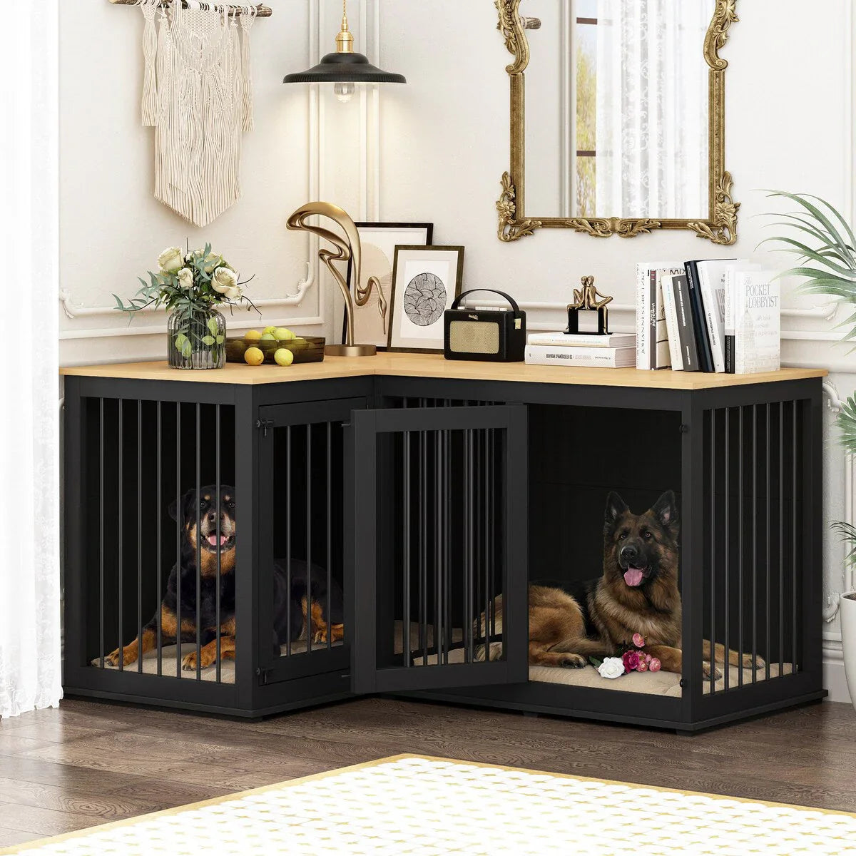 Grand meuble cage d'angle pour chien pour 2 chiens, cage pour chien en forme de L - 58.7X41.1