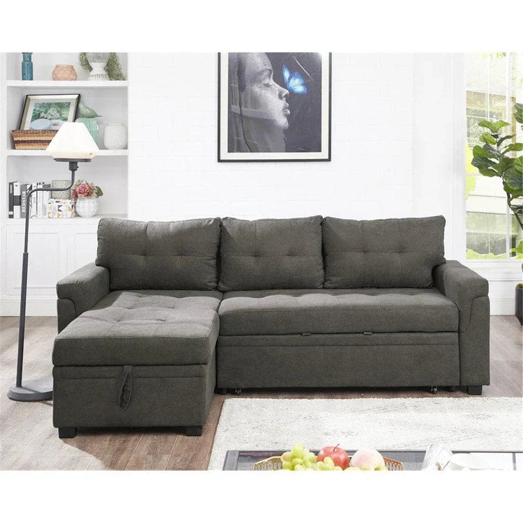 Canapé sectionnel convertible réversible avec lit escamotable, méridienne de rangement dissimulée et pieds durables