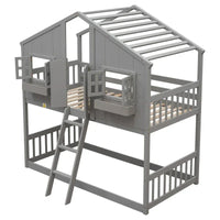 Lit superposé cabane jumeau sur jumeau avec toit, fenêtre, jardinière, porte, barrières de sécurité et échelle, gris
