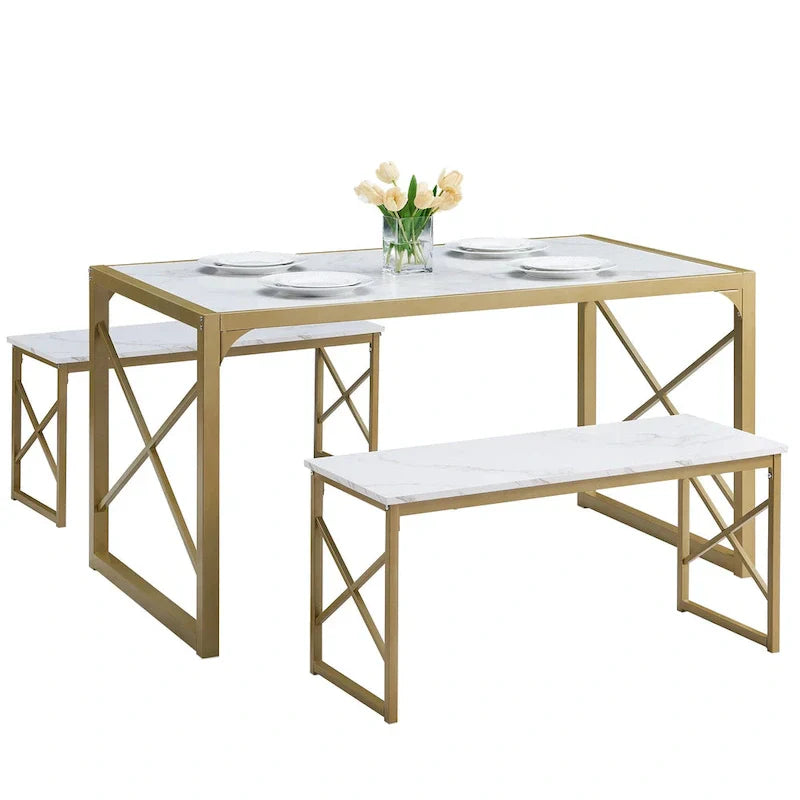 Table à manger 3 pièces VECELO avec banc, ensemble de table de salle à manger pour 4-6 personnes, table de cuisine avec 2 bancs, ensemble de table à manger