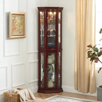 Vitrine d'angle avec éclairage, étagères réglables en verre trempé, fond miroir, meuble vitrine