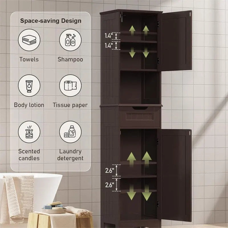 Meuble de salle de bain haut 67 H, tour à linge étroite, meuble de rangement avec 2 portes et tiroir
