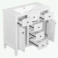 Meuble-lavabo avec vasque en céramique, deux placards et cinq tiroirs