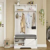 Hall Tree avec banc et rangement à chaussures, porte-manteau, porte de grange