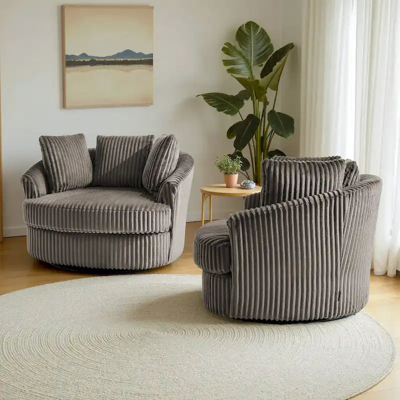 Lot de 2 fauteuils tonneau pivotants surdimensionnés 43 W en velours côtelé moelleux avec coussins