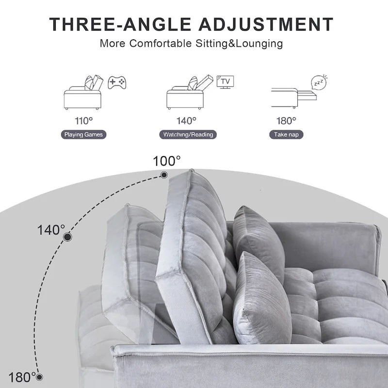 Causeuse de futon moderne en velours avec dossier inclinable et poches, 2 places – Gris foncé / Gris clair / Bleu / Noir