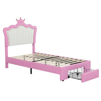 Cadre de lit simple rembourré avec éclairage LED, lit de princesse moderne à tête de lit en couronne, un tiroir, rose+blanc