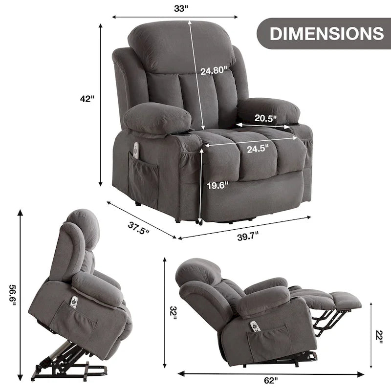 Fauteuil releveur électrique gris avec massage chauffant, charge USB, télécommande et poches latérales pratiques pour seniors