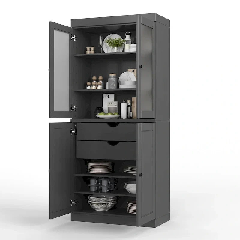 Meuble de rangement en bois massif avec portes en verre dépoli, portes pleines, 2 tiroirs et étagères réglables