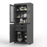 Meuble de rangement en bois massif avec portes en verre dépoli, portes pleines, 2 tiroirs et étagères réglables