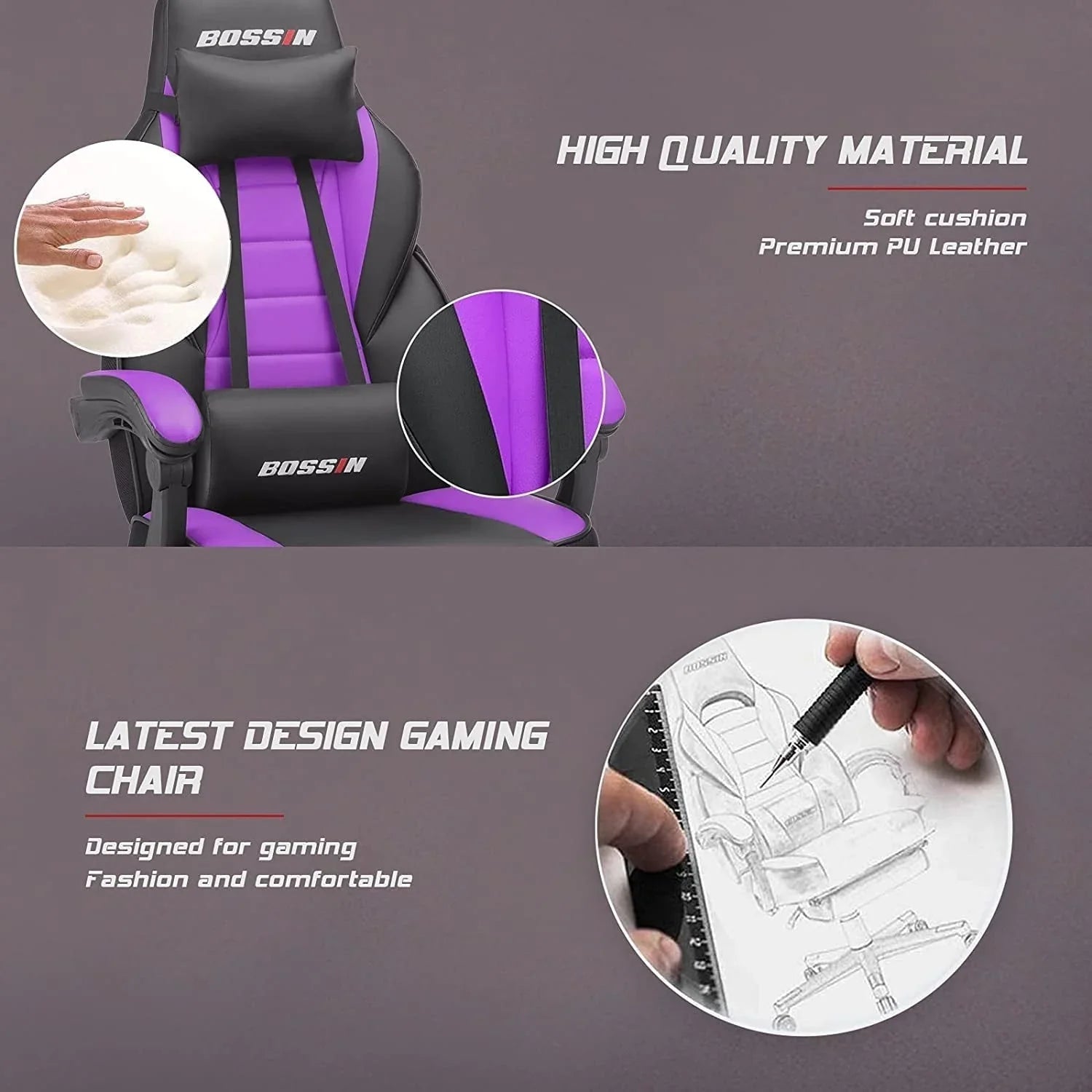 BOSSIN Chaise de gaming style racing, chaise de gamer grande et haute 300 lb à dossier haut chaise informatique