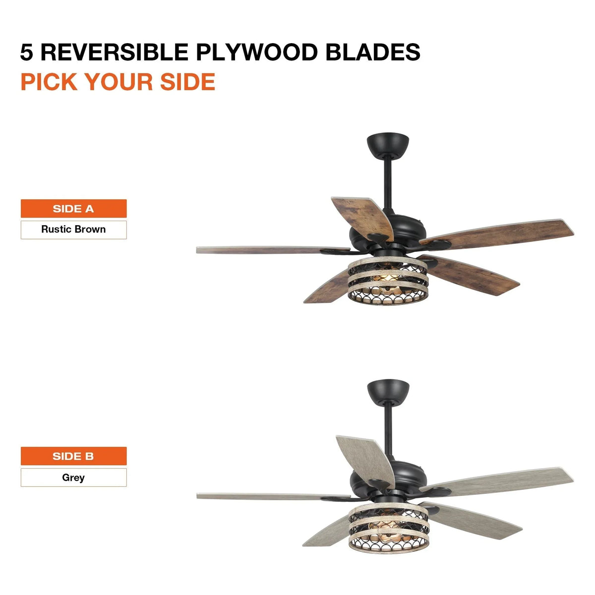 Ventilateur de plafond cage noir 52 style ferme bois flotté 5 pales avec télécommande