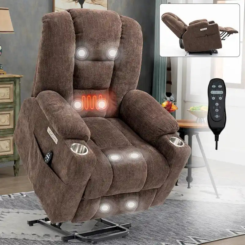 Fauteuil releveur électrique avec massage et chauffage, fauteuils inclinables larges rembourrés Lazy Boy avec USB, ports Type C et 2 porte-gobelets en acier