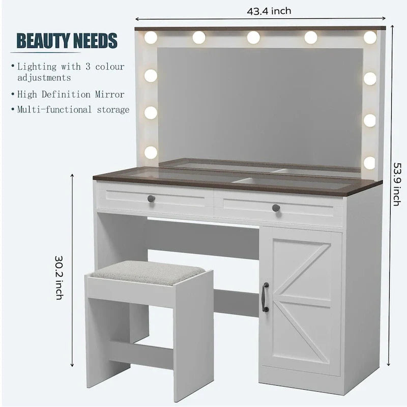 Roomfitters Coiffeuse de maquillage fermette avec éclairage, bureau coiffeuse avec porte de grange, table de maquillage 2 tiroirs avec miroir éclairé