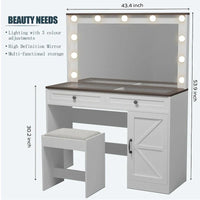 Coiffeuse de ferme Roomfitters avec lumières, coiffeuse avec porte coulissante, table de maquillage à 2 tiroirs avec miroir éclairé