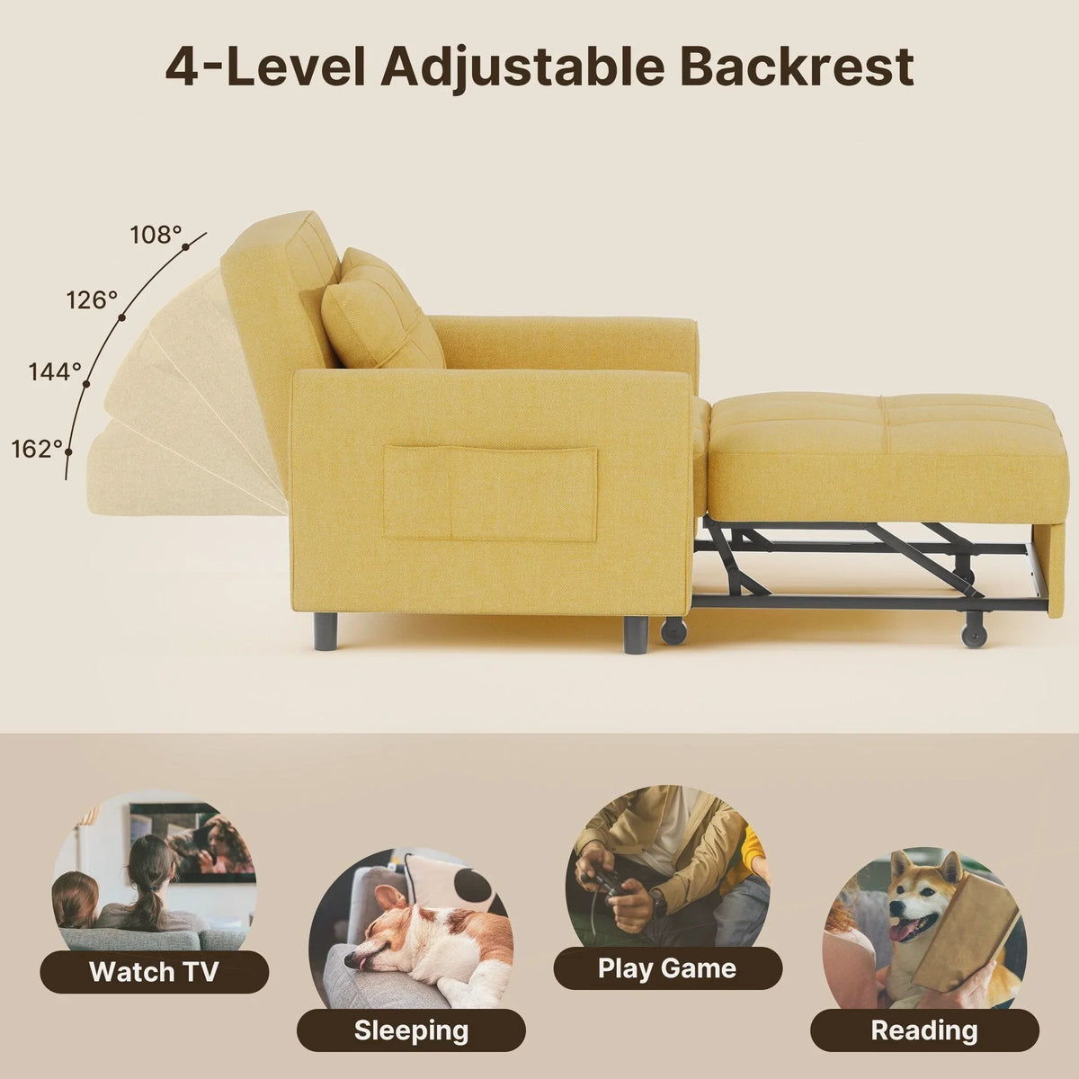 Canapé-lit réglable 3 en 1, fauteuil-canapé escamotable, lit pliant convertible pour salon