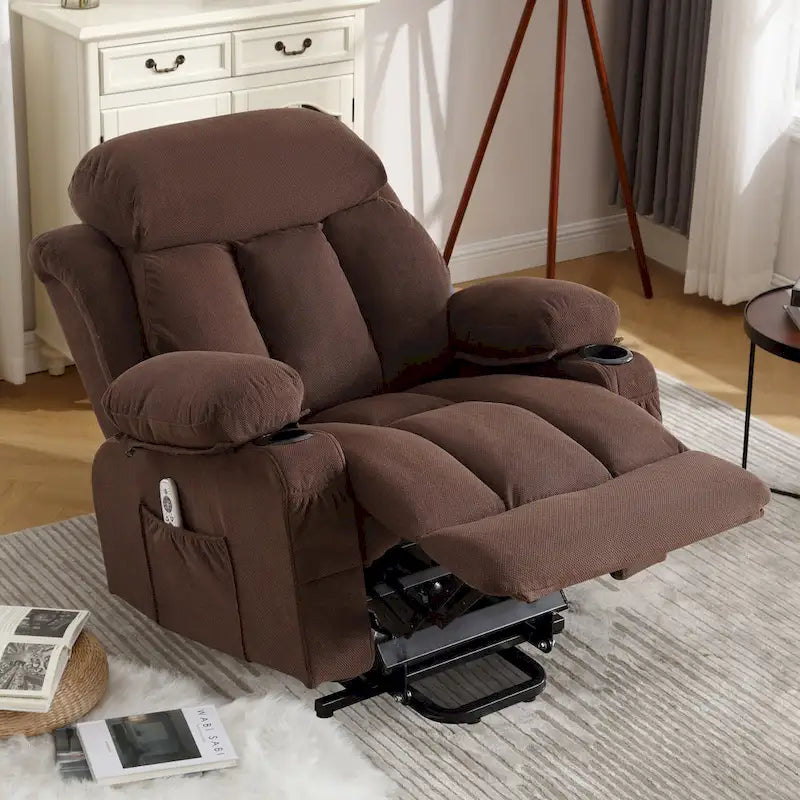 Fauteuil releveur électrique gris avec massage chauffant, charge USB, télécommande et poches latérales pratiques pour seniors