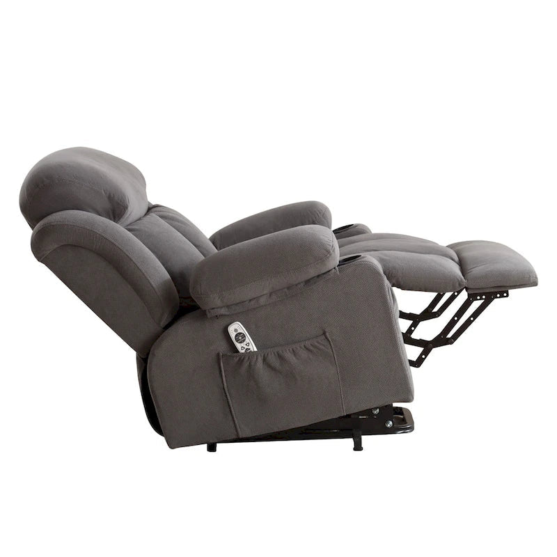 Fauteuil releveur électrique gris avec massage chauffant, charge USB, télécommande et poches latérales pratiques pour seniors