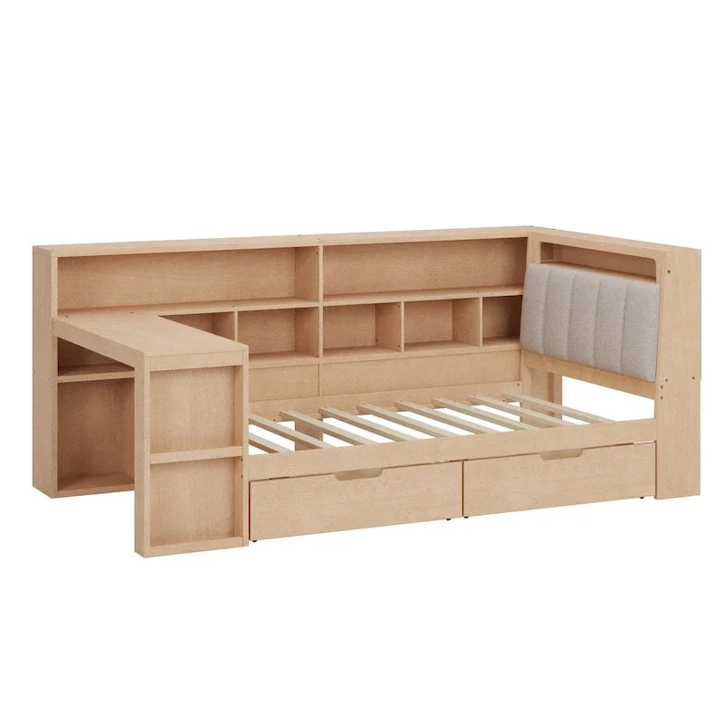 Canapé lit de jour en bois en forme de L avec bureau, bibliothèque, lit d'angle avec tiroirs sous le lit, tête de lit tapissée et éclairage intégré