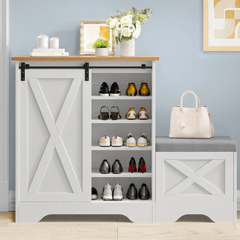 Meuble à chaussures farmhouse avec porte coulissante, banc à chaussures, meuble de rangement à 5 niveaux avec étagères réglables pour 20 paires