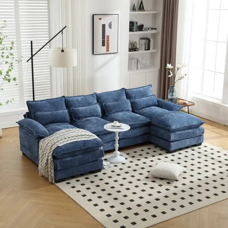 Canapé Sectionnel Canapé Nuage pour Salon, Canapé Moderne Forme U en Chenille/Bouclette, Canapé-Lit Modulable Confortable avec Double Méridienne