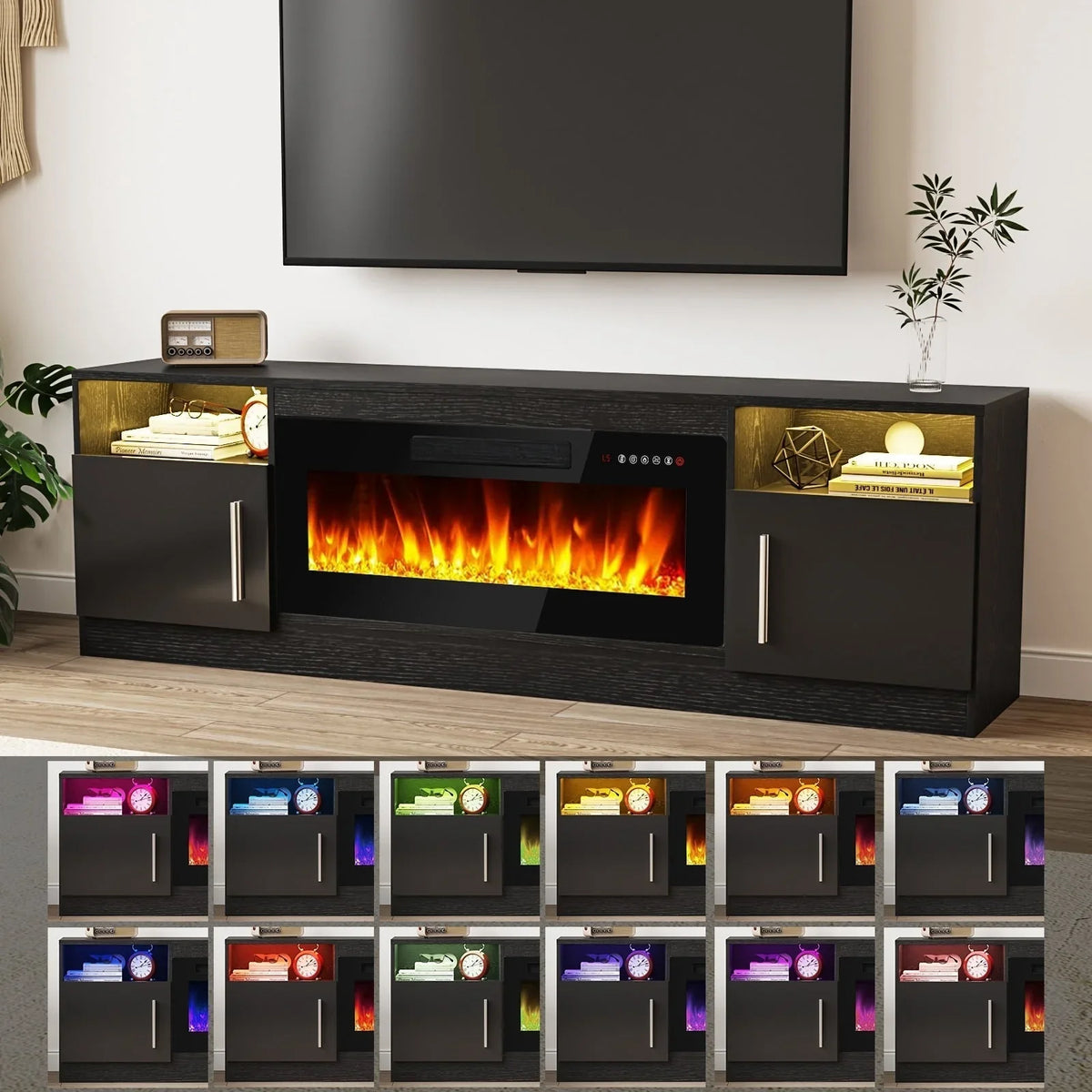 Bossin Meuble TV avec foyer 70 avec foyer électrique 36, meuble TV pour téléviseurs jusqu'à 80, LED 16 couleurs/meuble de divertissement