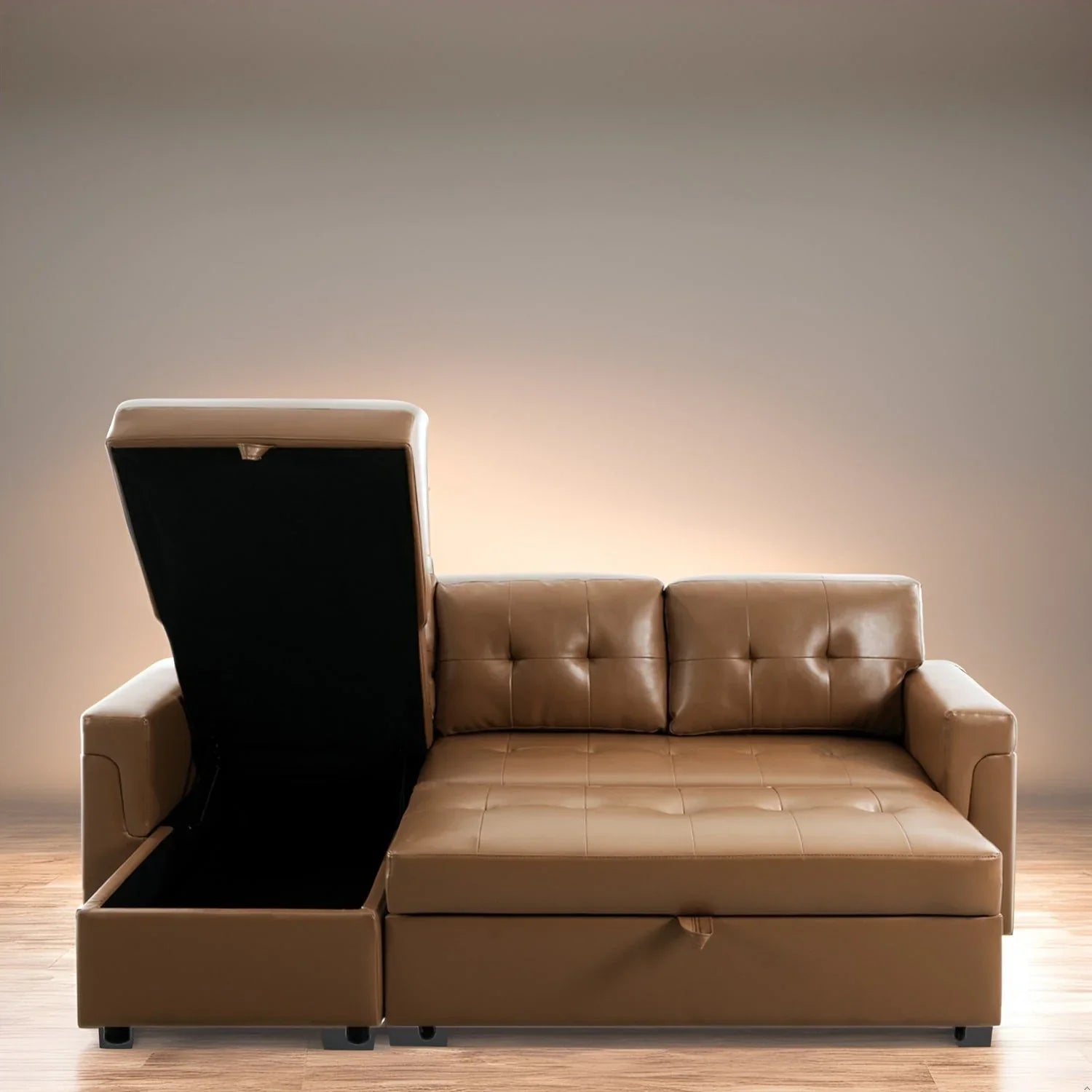 Canapé sectionnel convertible réversible avec lit escamotable, méridienne de rangement dissimulée et pieds durables