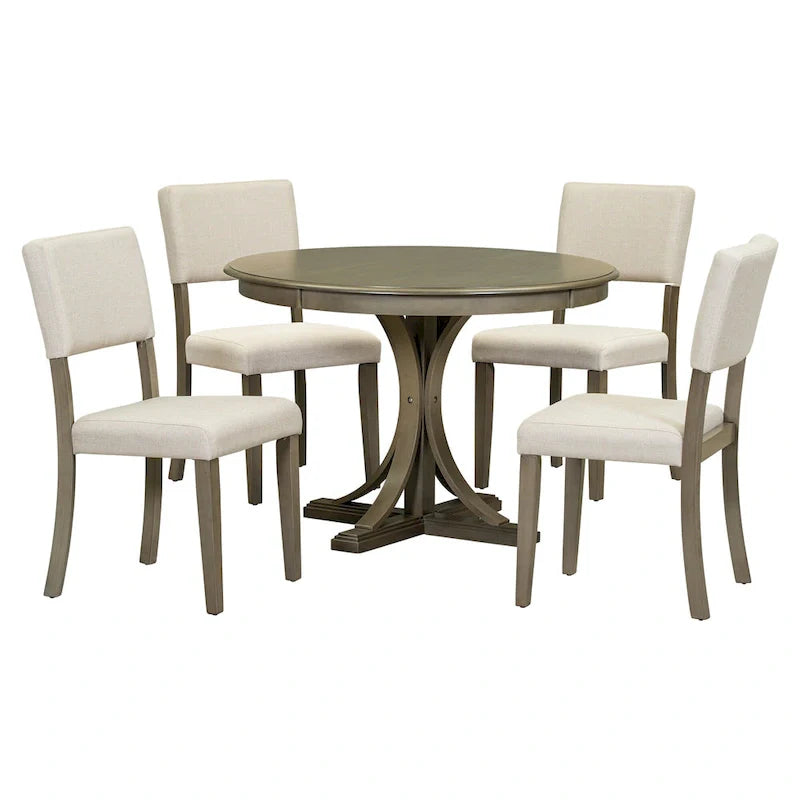 Ensemble de salle à manger 5 pièces en bois taupe rétro avec table à tréteaux courbés et 4 chaises