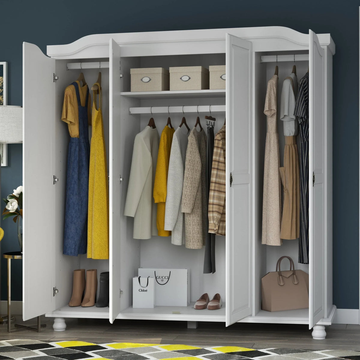Palace Imports Armoire-penderie Kyle 4 portes 100% bois massif avec portes en bois massif ou miroir