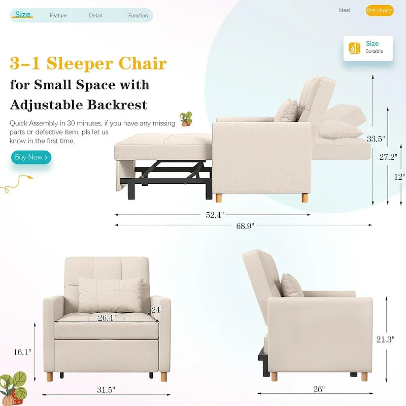 AECOJOY - Fauteuil convertible 3 en 1 avec coussin et dossier inclinable