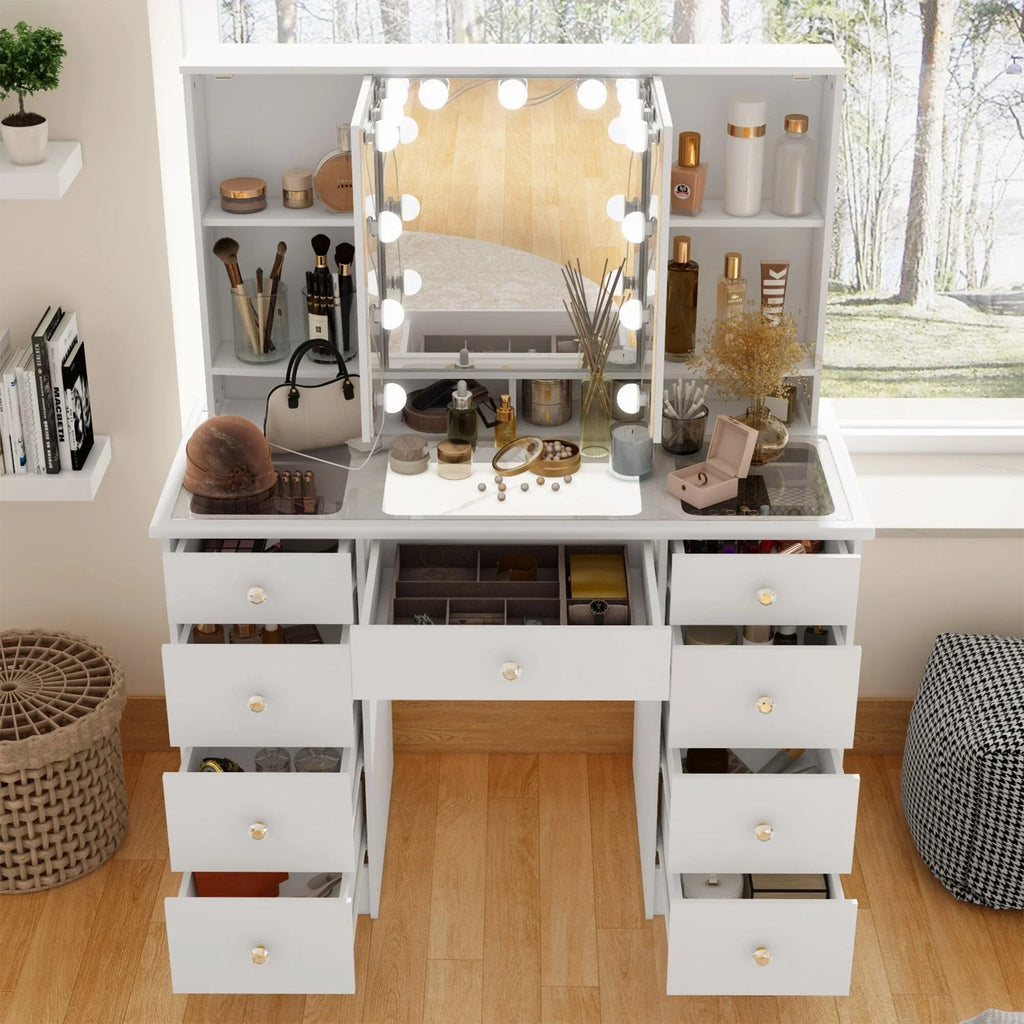 Coiffeuse de maquillage avec miroir triptyque, certifiée, éclairage, dessus en verre, commode