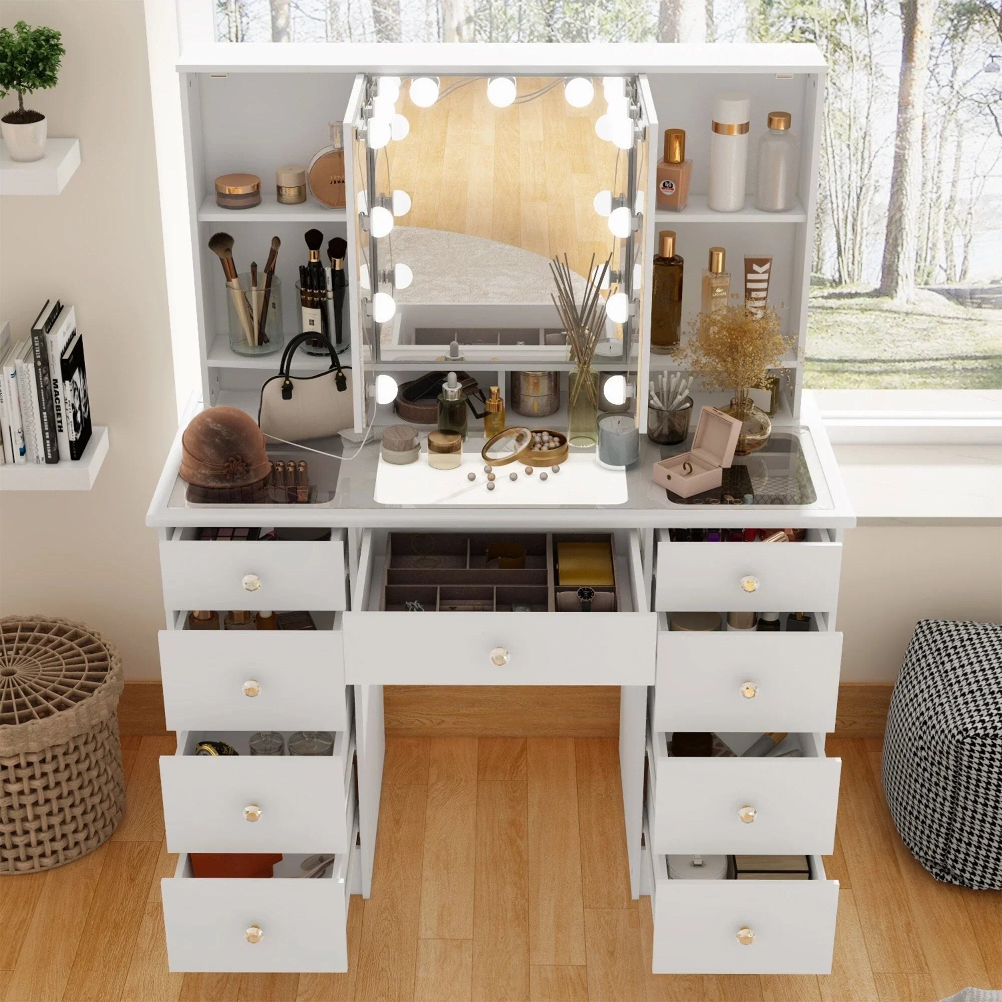 Coiffeuse de maquillage avec miroir triptyque, certifiée, éclairage, dessus en verre, commode