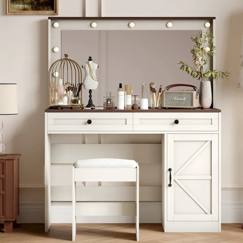 Roomfitters Coiffeuse de maquillage fermette avec éclairage, bureau coiffeuse avec porte de grange, table de maquillage 2 tiroirs avec miroir éclairé