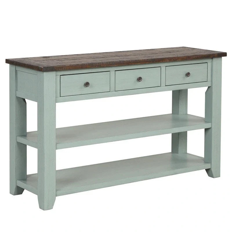 Console en bois avec 3 tiroirs de rangement et 2 étagères