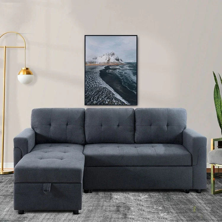 Canapé sectionnel convertible réversible avec lit escamotable, méridienne de rangement dissimulée et pieds durables