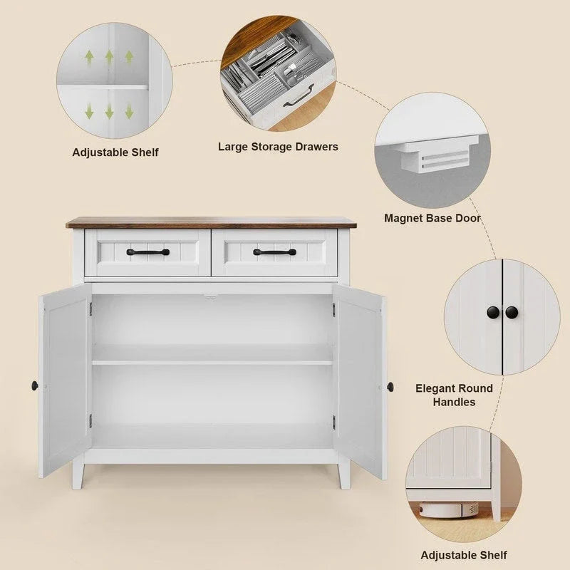 Buffet de rangement de cuisine avec 2 tiroirs, meuble de bar à café, armoire d'entrée en bois avec double porte placard