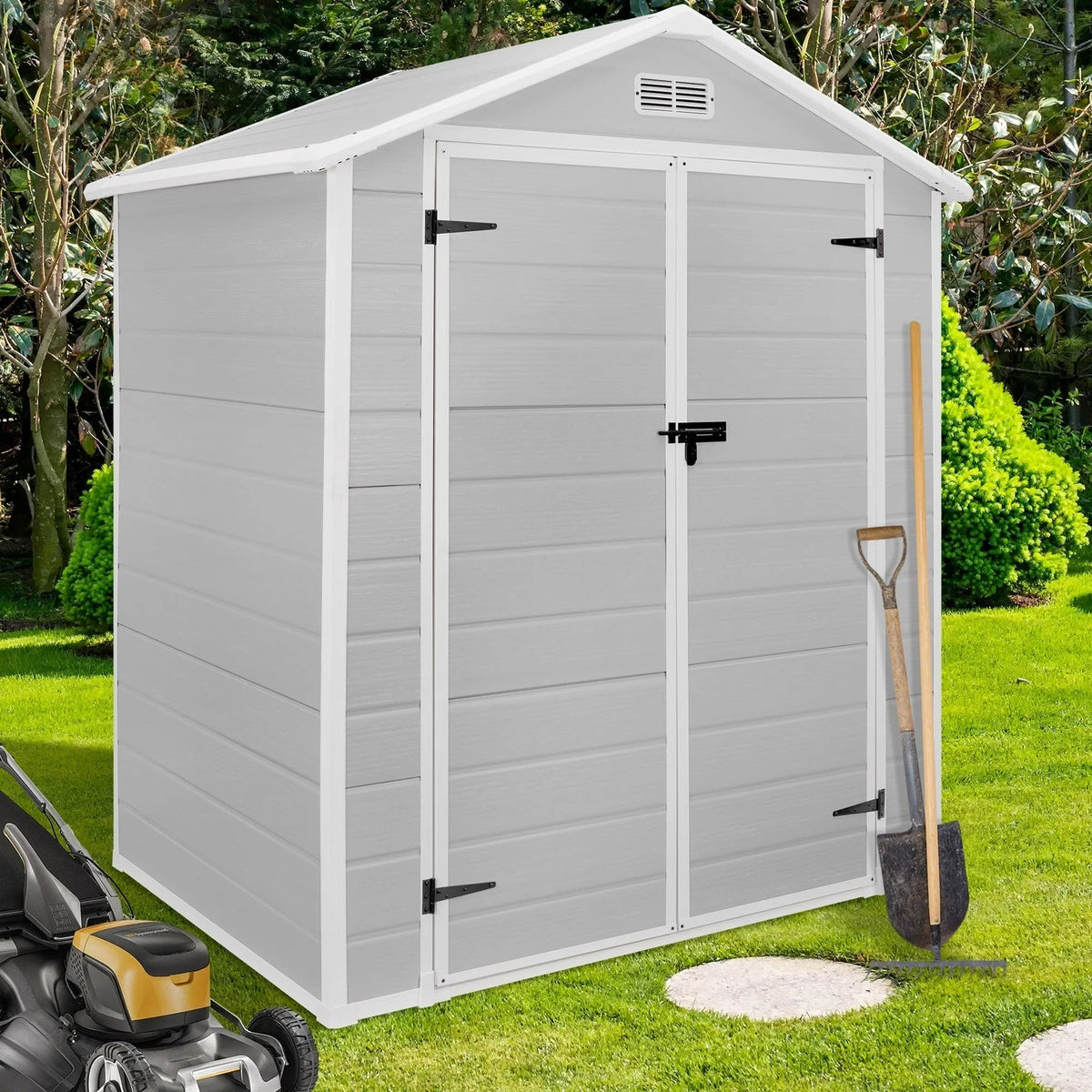Abri de rangement extérieur en résine tout temps 6 pi x 4 pi/6 pi x 8 pi/8 pi x 6 pi/8 pi x 10 pi avec plancher, abri à outils Spire