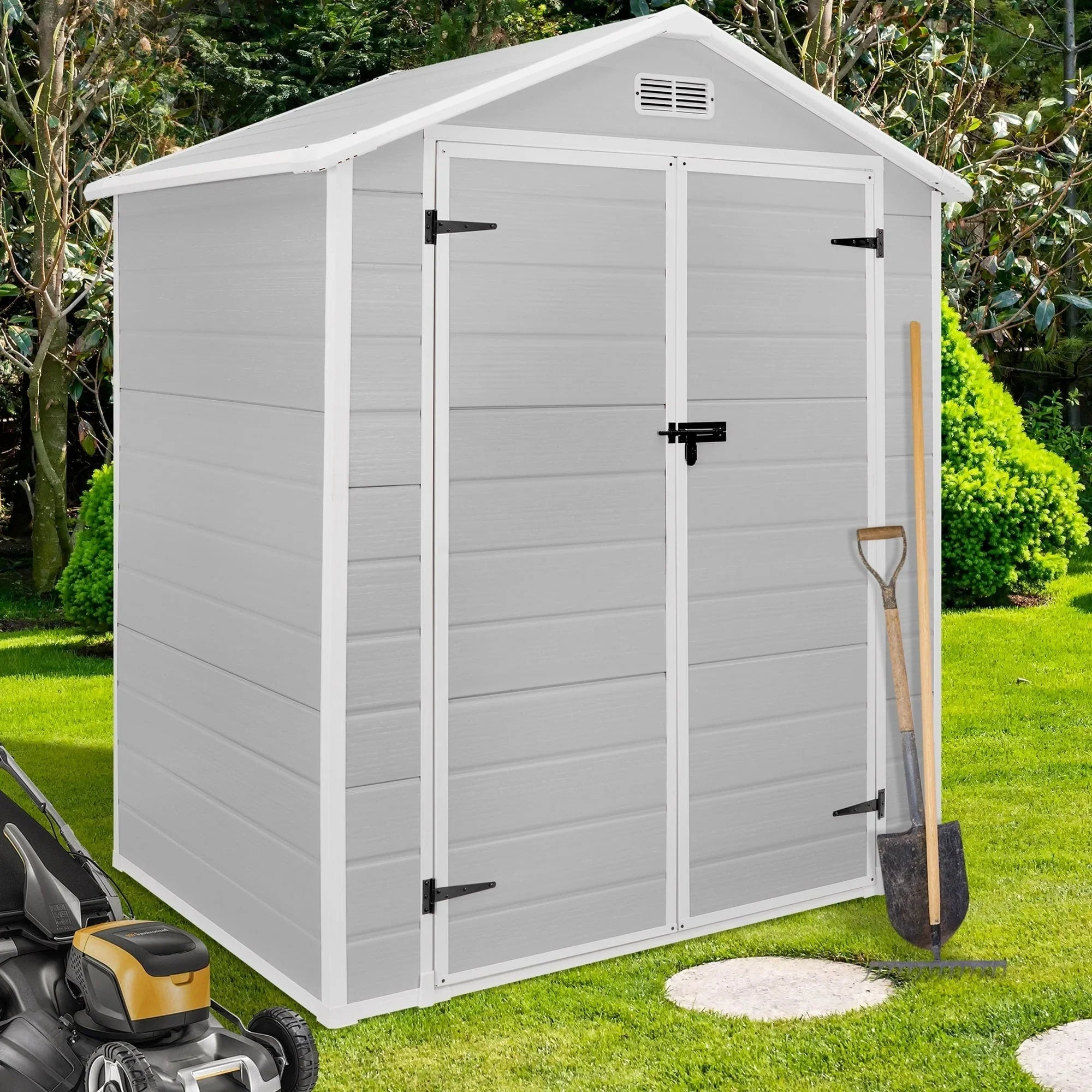 Abri de rangement extérieur en résine tout temps 6 pi x 4 pi/6 pi x 8 pi/8 pi x 6 pi/8 pi x 10 pi avec plancher, abri à outils Spire